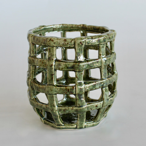 Dark Green Ceramic Weave Candle Holder